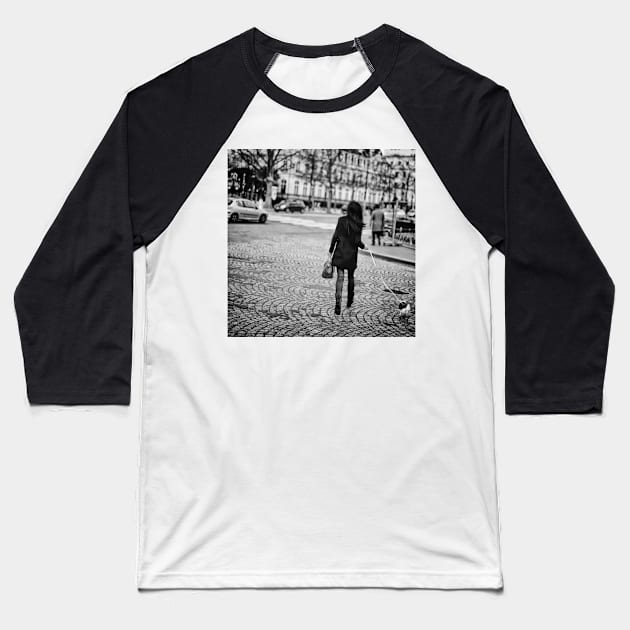 Parisian girl and puppy on Champs-Élysées Baseball T-Shirt by Sampson-et-al